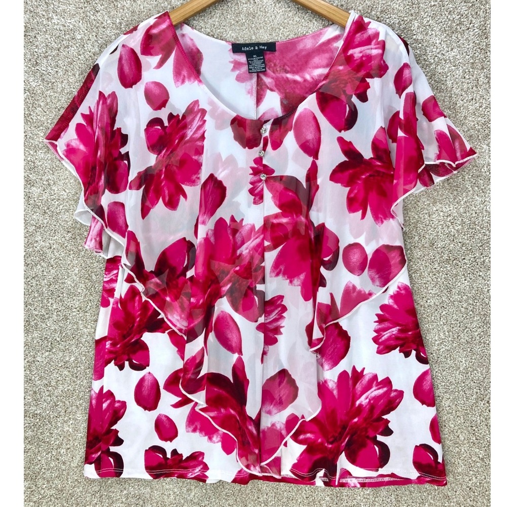 Adele & May Floral Ruffle Front Blouse Womens XL Red White Flutter Sleeve Flowy
